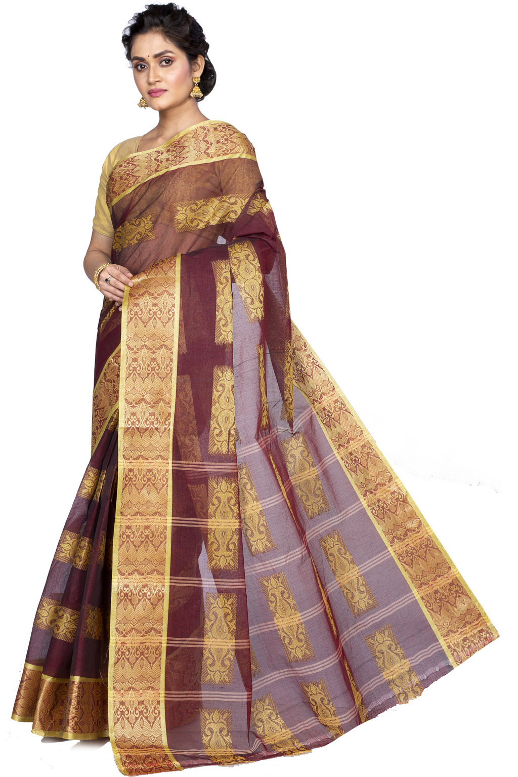 Brown Pure Cotton Strip Suparna Tant Saree (159)